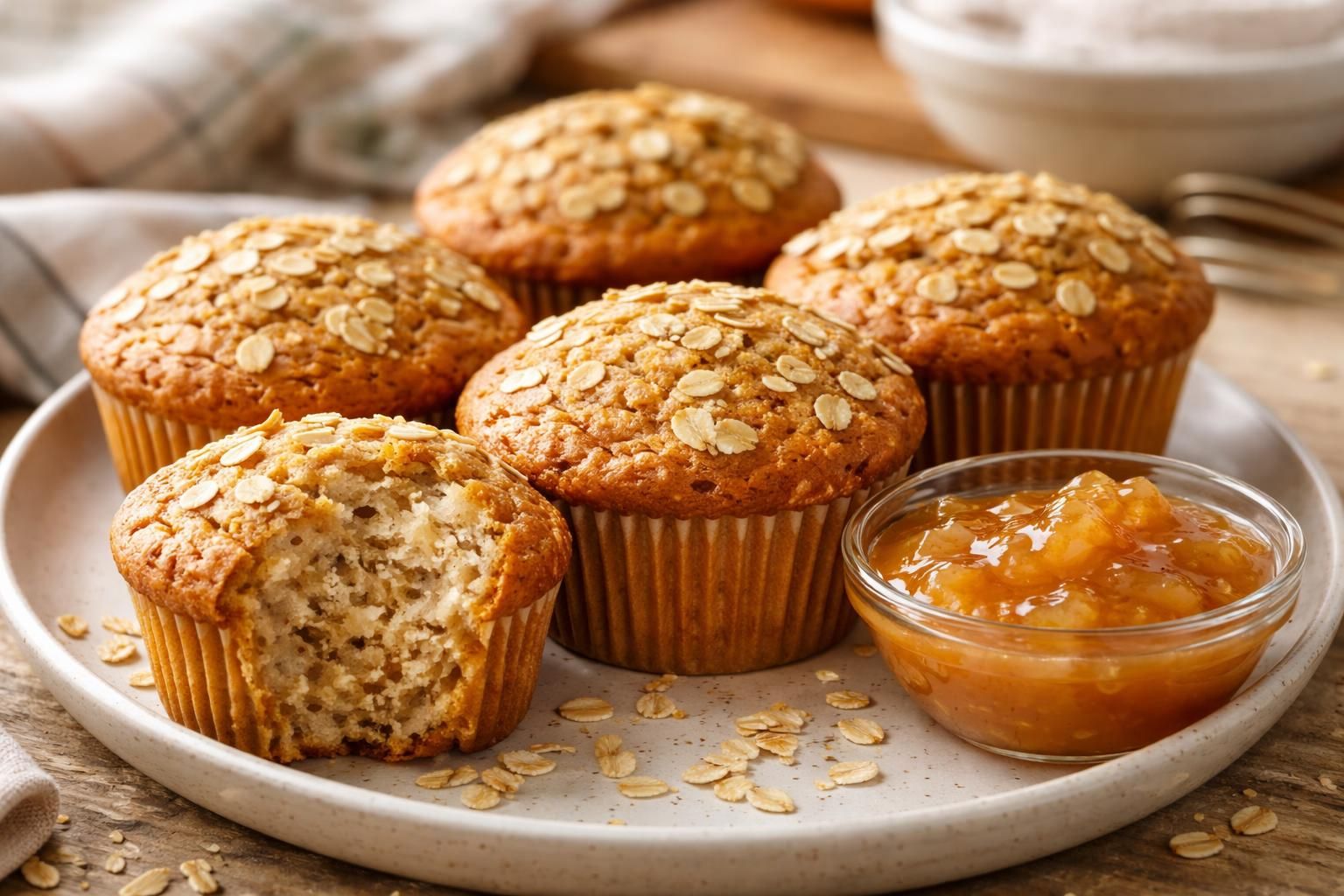 découvrez notre recette de muffins moelleux aux flocons d'avoine et à la compote, un dessert gourmand et sain à savourer sans modération.