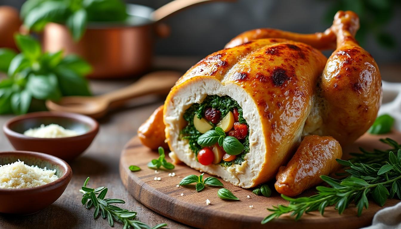 découvrez la recette du poulet farci à l'italienne, une préparation gourmande et facile à réaliser pour surprendre vos amis lors de votre prochain dîner. savourez une explosion de saveurs italiennes en toute simplicité !