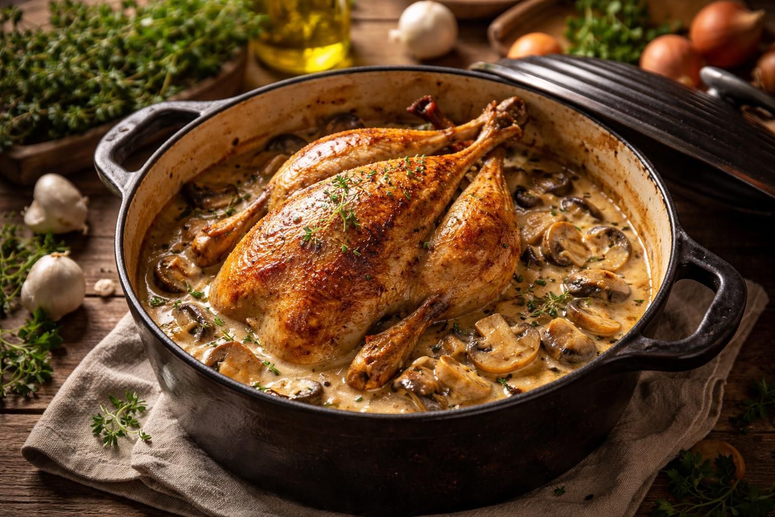 découvrez comment préparer facilement une délicieuse pintade en cocotte aux champignons et à la crème fraîche, un plat savoureux prêt en un rien de temps.