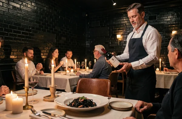 Intérieur sombre et élégant du restaurant A Fuoco Nero à Rennes avec pâtes à l'encre de seiche et ambiance italienne raffinée