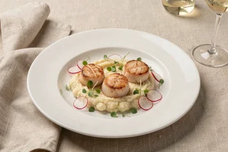 Assiette raffinée de coquilles Saint-Jacques poêlées avec purée de chou-fleur et herbes fraîches dans un restaurant gastronomique