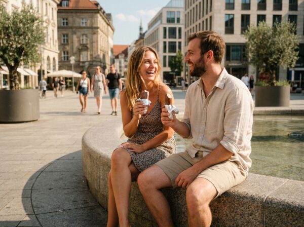 Deux amis mangeant des glaces au bord d'une fontaine lors d'une canicule en ville