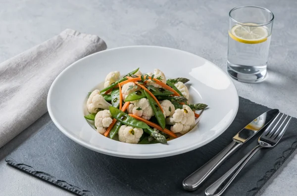 Assiette de légumes vapeur dressée avec soin sur une table minimaliste pour un repas minceur équilibré