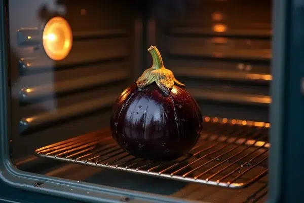 Aubergine entière en train de rôtir lentement sur la grille d'un four domestique