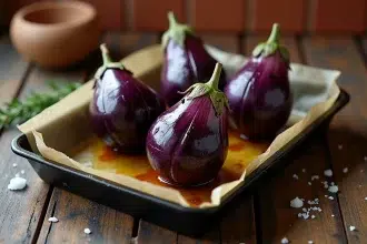 Aubergines entières rôties au four sur une plaque en fonte avec huile d'olive et thym frais