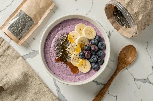 Bol de smoothie aux graines de chia, fruits frais et miel pour contrôler la faim et maigrir