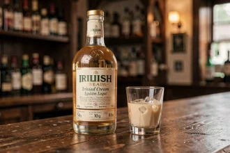 Bouteille de Baileys Irish Cream sur un comptoir de bar en chêne avec verre et glaçons, étiquette bien visible