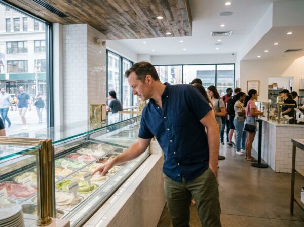 Homme choisissant un gelato artisanal dans une boutique de glaces moderne en ville
