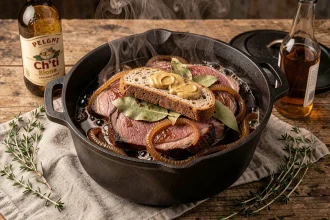 Carbonnade flamande authentique dans une cocotte en fonte avec bière ch'ti et pain d'épices moutardé sur table en chêne rustique