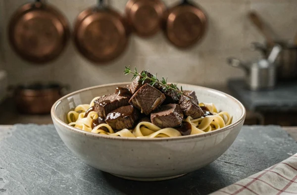 Bol de carbonnade flamande sur nouilles beurrées avec sauce à la bière brune dans une cuisine nordiste traditionnelle