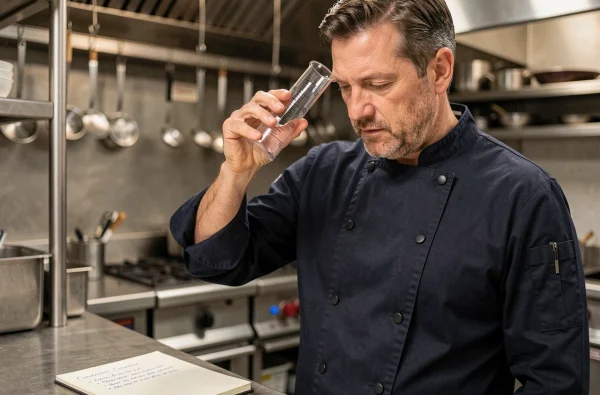 Chef cuisinier lisant les graduations d'un cylindre doseur à hauteur des yeux dans une cuisine professionnelle
