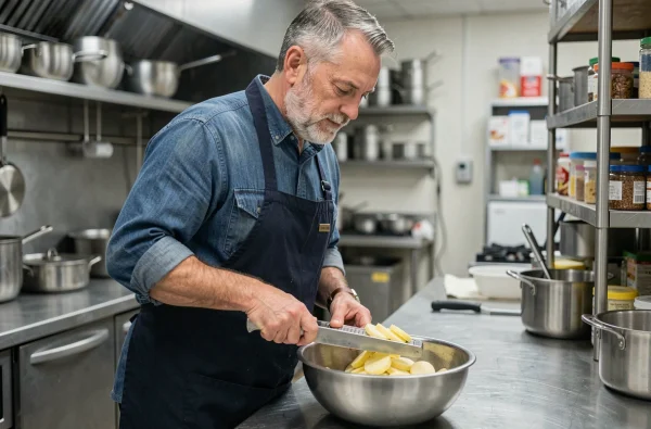 Chef cuisinier professionnel tranchant des pommes de terre à la mandoline dans une cuisine de restaurant