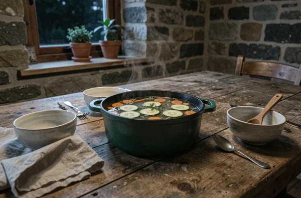 Cocotte en fonte verte remplie de soupe légère aux légumes posée sur une table de ferme dressée pour le dîner du soir