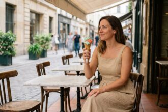 Femme savourant une glace artisanale en terrasse urbaine par temps chaud