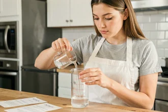 Femme mesurant précisément 125 cl en ml avec un verre doseur gradué dans une cuisine moderne