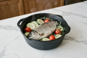 Filet de bar entier en cocotte avec courgettes et tomates cerises, cuisson vapeur légère pour un repas équilibré