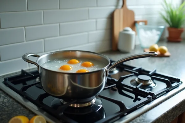 Casserole d'œufs en train de cuire sur une gazinière avec un minuteur et un bol d'eau froide prêt à côté