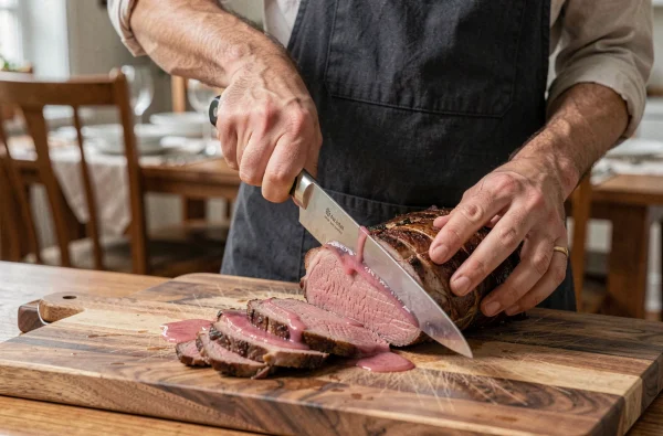 Tranche de rôti de boeuf rosé découpée à la main avec un couteau sur une planche en bois