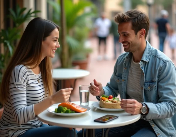 Deux collègues déjeunant en terrasse avec des repas équilibrés à base de saumon et de wrap complet