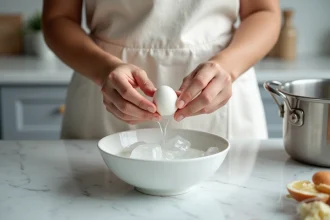 Femme épluchant un œuf dur au-dessus d'un bol d'eau froide et de glaçons sur un plan de travail en marbre