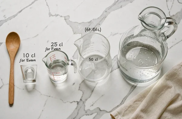 Vue du dessus de différents récipients gradués alignés du 10 cl au litre sur un marbre blanc avec étiquettes de conversion