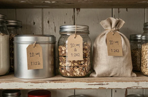 Étagère de garde-manger organisée avec des barres de céréales maison à l'avoine stockées dans différents contenants hermétiques étiquetés