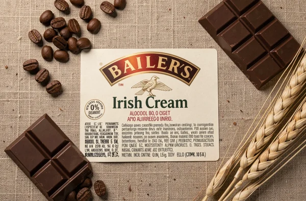 Vue de dessus de l'étiquette d'une bouteille de Baileys Irish Cream entourée de café et chocolat sur tissu lin