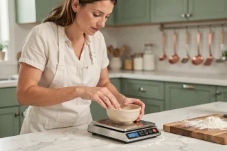 Femme utilisant une balance de cuisine électronique en acier inoxydable pour peser des ingrédients avec précision lors d'une session de pâtisserie