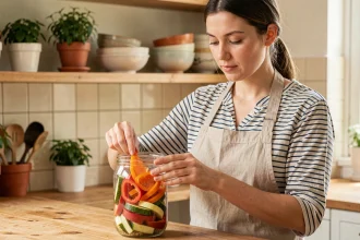 Femme rangeant des légumes frais dans une boîte hermétique en verre sur un comptoir de cuisine en bois