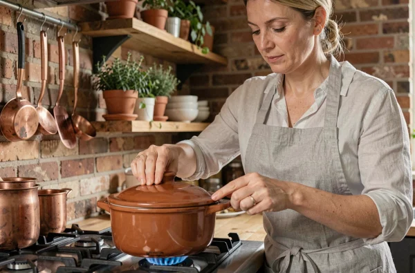 Femme préparant une cocotte en terre cuite sur feu de gaz dans une cuisine rustique pour une cuisson de poisson saine