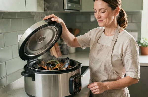 Femme ouvrant le Cookeo rempli de moules vapeur dans une cuisine moderne, souriant devant le résultat