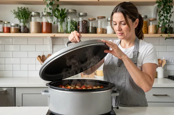 Femme soulevant le couvercle d'une mijoteuse dans une cuisine moderne avec un plat de légumineuses et tomates