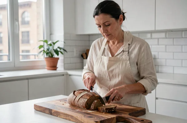 Femme découpant du pain au levain sur une planche en bois d'acacia dans une cuisine moderne