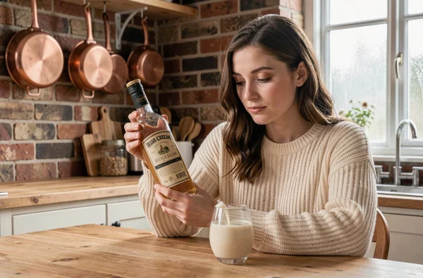 Femme lisant l'étiquette d'une bouteille de Baileys Irish Cream dans une cuisine chaleureuse et rustique