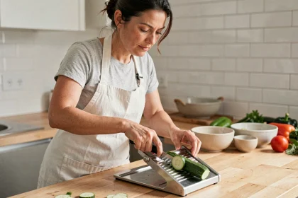 Femme utilisant une mandoline de cuisine pour trancher des courgettes en rondelles régulières sur un plan de travail en bois