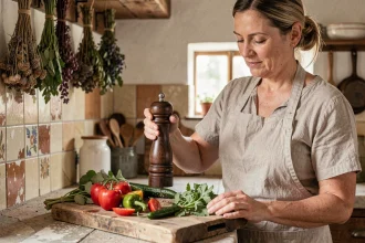 Femme utilisant un moulin à poivre en bois sur un plan de travail de cuisine rustique avec légumes frais