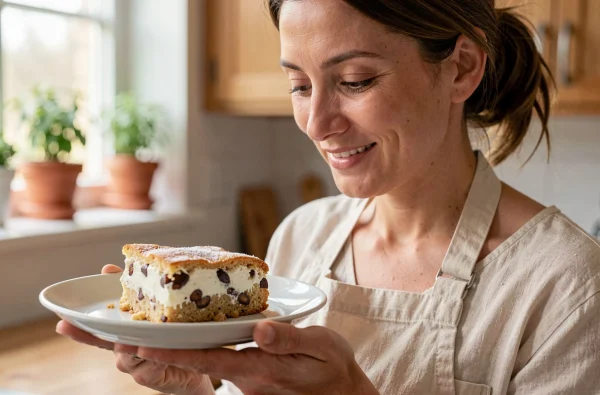 Femme tenant une assiette avec une part de gâteau au yaourt et à la châtaigne dans une cuisine chaleureuse