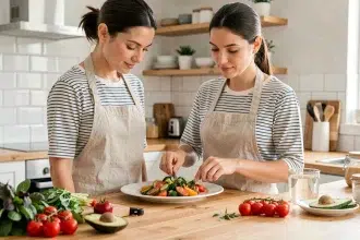 Femme préparant un repas équilibré et coloré dans une cuisine moderne avec des légumes frais