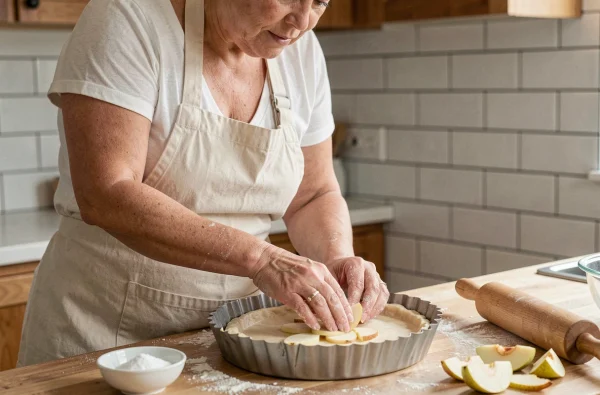 Femme en tablier arrangeant des tranches de poires crues sur une pâte à tarte dans un moule à cannelures, dans une cuisine maison authentique