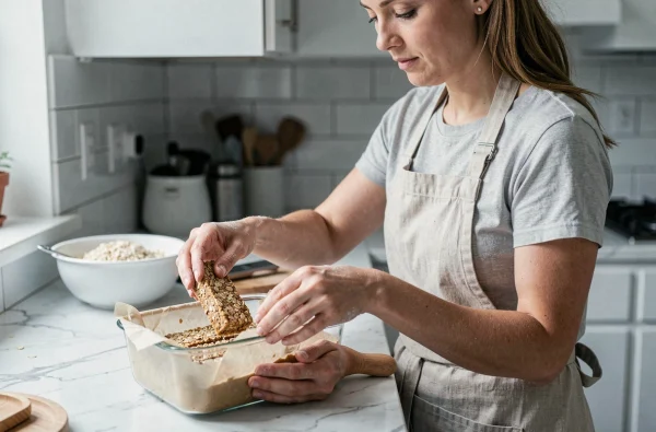 Femme rangeant des barres de céréales maison à l'avoine dans une boîte hermétique en verre pour prolonger leur conservation