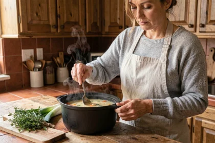 Femme qui remue une soupe légère dans une cocotte en fonte noire posée sur un plan de travail en bois rustique