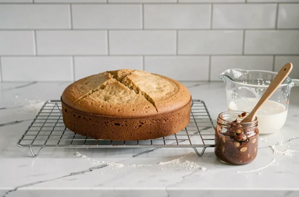 Gâteau entier au yaourt et marron refroidissant sur une grille au-dessus d'un plan de travail en marbre blanc