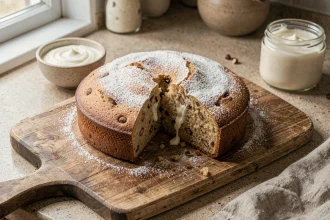 Gâteau au yaourt et à la châtaigne tranché sur une planche en bois rustique avec un bol de yaourt nature