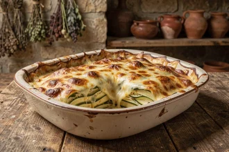 Gratin de courgettes maison doré et gratiné dans un plat en céramique rustique posé sur une table en bois
