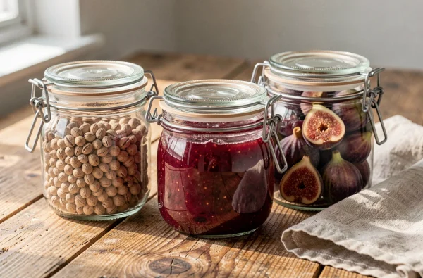 Gros plan sur trois bocaux en verre hermétiques contenant des légumineuses, de la confiture et des figues sur une table en chêne