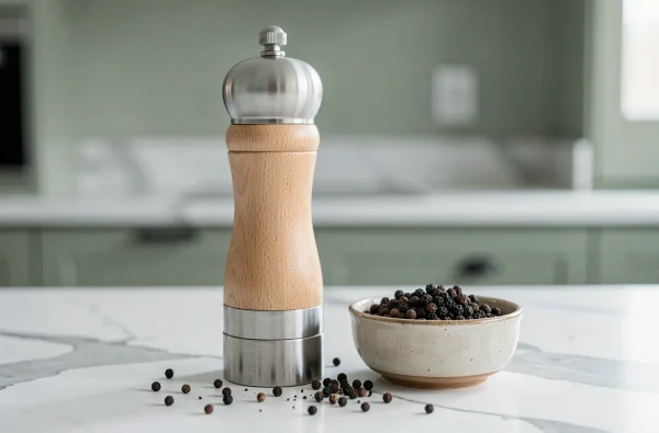 Gros plan d'un moulin à poivre manuel en bois et inox sur un plan de travail en marbre blanc avec grains de poivre