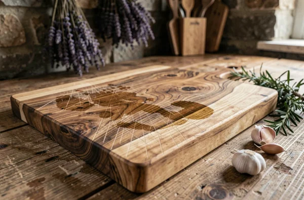 Gros plan sur une planche à découper en bois d'olivier usagée avec marques de couteau et ail dans une cuisine de campagne