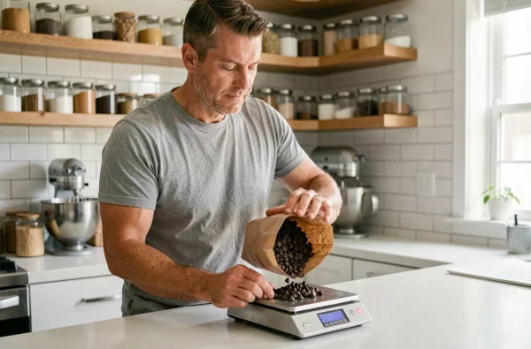 Homme versant des pépites de chocolat sur une balance de cuisine électronique pour doser avec précision ses ingrédients de pâtisserie