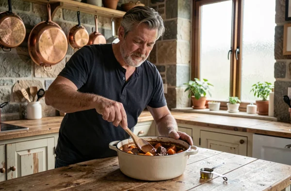 Homme préparant un bœuf braisé aux légumes racines en réduisant la quantité d'huile dans une cuisine campagnarde