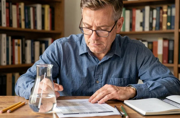 Homme consultant un tableau de conversion centilitres en millilitres à son bureau avec un flacon en verre gradué